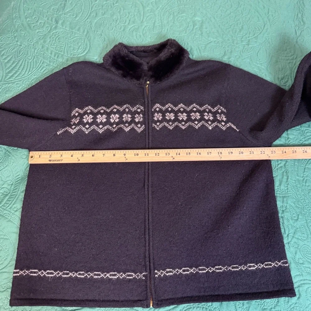 VTG‎ Karen Scott Wool Zip Sweater Jacket Faux Fur Collar Fair Isle Nordic XL